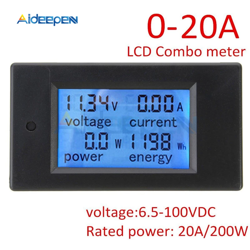 

DC 6.5~100V 0~20A 4 in 1 LCD Digital Voltmeter Ammeter Power Energy Meter Current Voltage Meter Tester Detector Monitor Wattmete