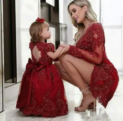 Flower Girls Dress Short Mother Of The Bride Dresses 2020 Beaded Formal Evening Party Gowns Long Sleeves Mother Daughter Dresses