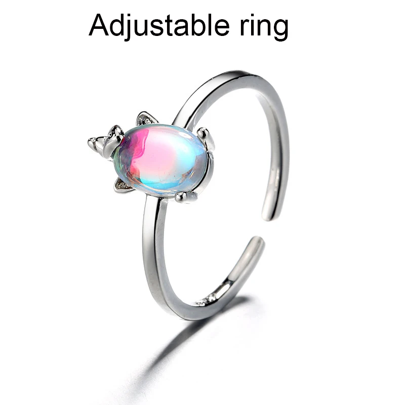 Adjustable ring Серебряный Радужный Единорог животное браслет цепочка 925 счастливый лунный камень браслет для женщин аксессуары для вечеринки по случаю Дня рождения подарок - Окраска металла: Adjustable ring