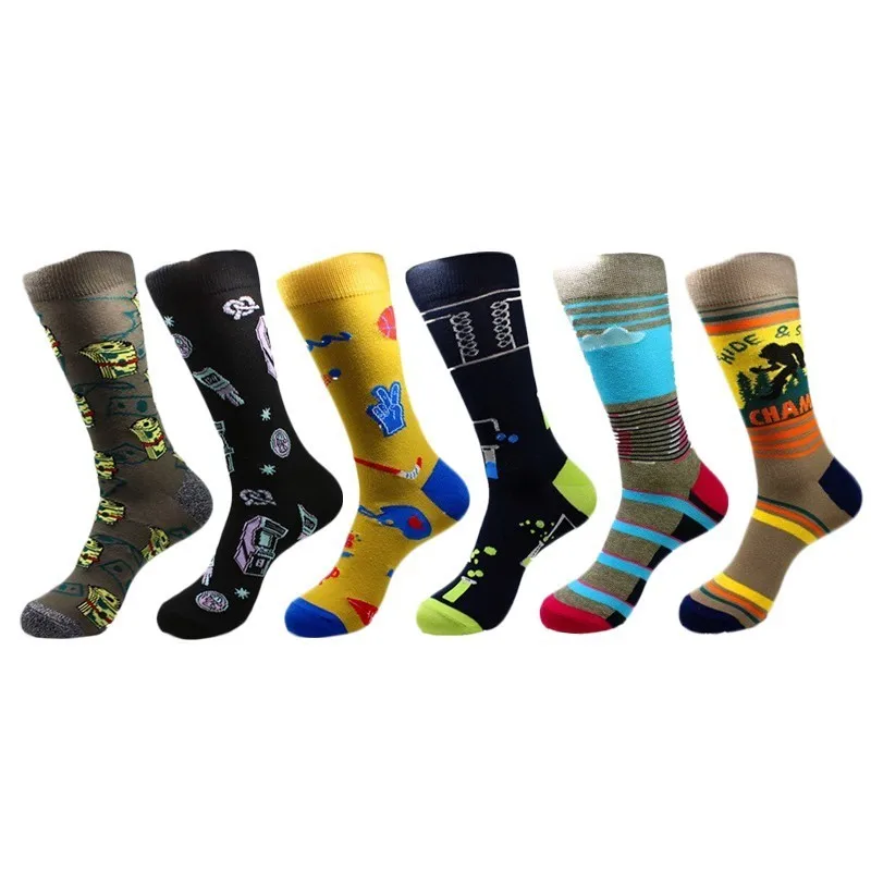 

PEONFLY 1 Pair Men Socks Combed Cotton Funny Cartoon Comic Striped Pattern Geometric Sokken Novelty Harajuku Happy Socks