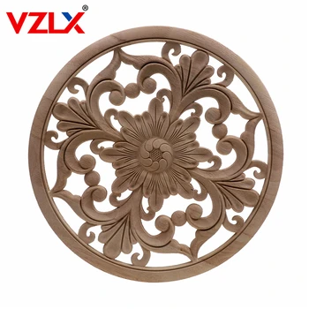 

VZLX Round Decorative Fashion Floral Wood Carved Decal Corner Appliques Frame Wall Doors Furniture Woodcarving Wooden Figurines