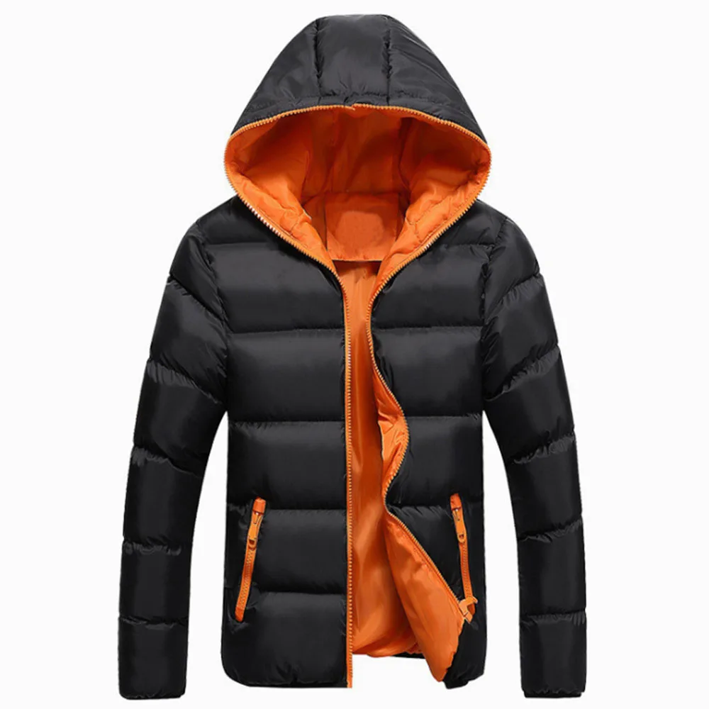 Новинка, Мужская Зимняя Повседневная Толстая стеганая куртка с капюшоном, приталенная Мужская и женская куртка на молнии, Мужская парка, теплая верхняя одежда JK18053 - Цвет: Black orange