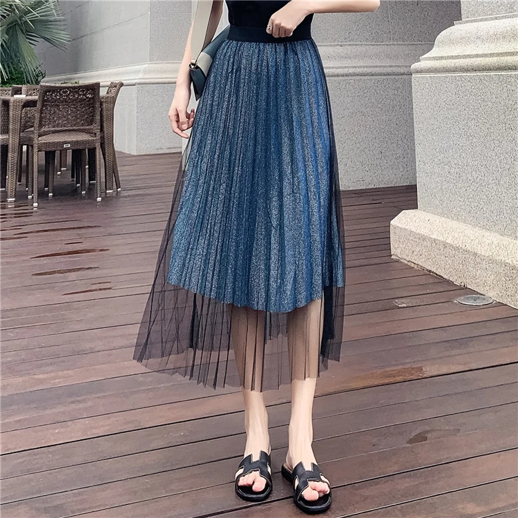

Korean Office Style Black Mesh Blue Pleated Long Skirts Womens Retro High Waisted Elastic Waist Tulle Skirt Summer 2019