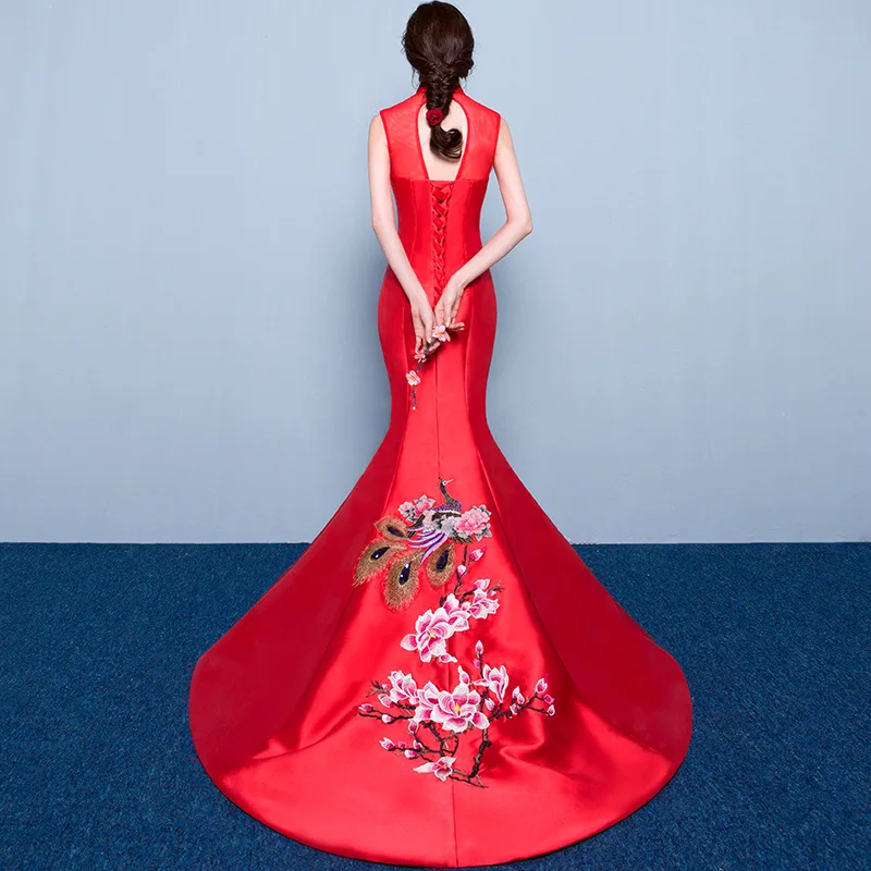 Red Mermaid Wedding Lace Traditional Dresses For Women Cheongsam Chinese Style Long Qipao Evening High Quality Satin