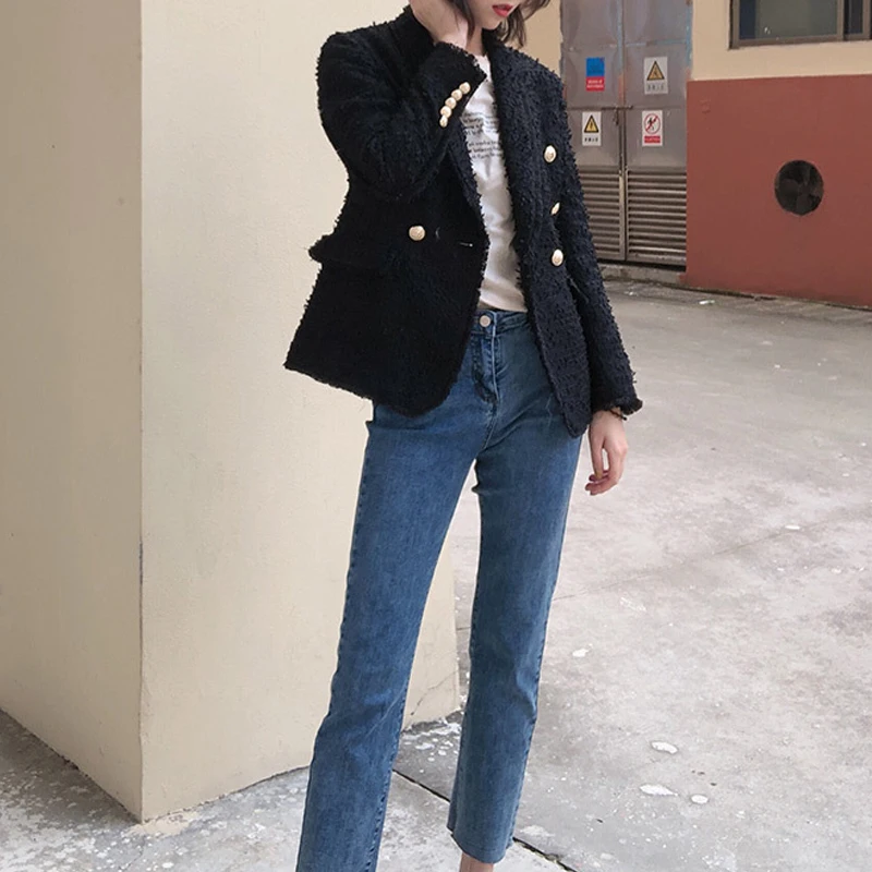 High Quality White Black Tweed Office Blazer Women Long Sleeve Gold Double Buttons Designer Blazers Outer Jacket Female Autumn