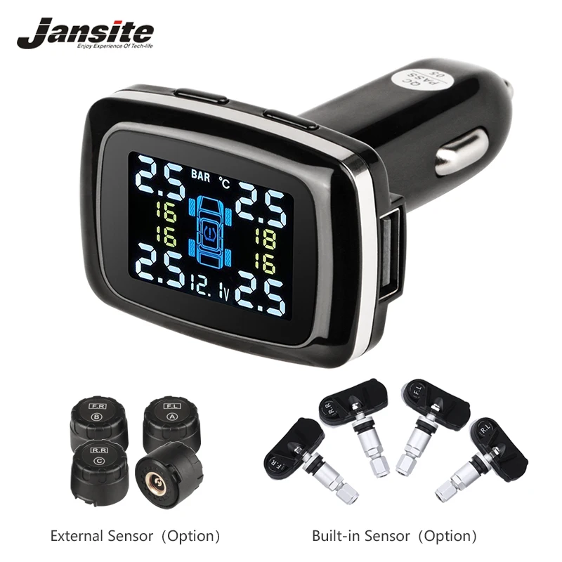 

Jansite Car TPMS Tire Pressure Monitoring System USB port Display Screen 4 Sensors Cigarette Lighter Auto Detectors Car Charger