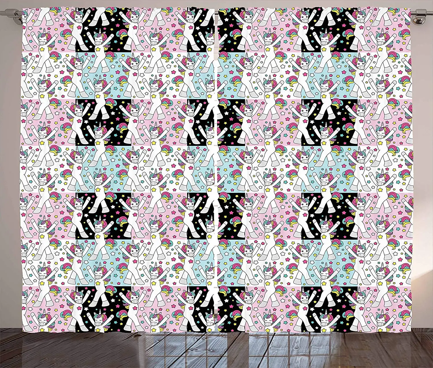 Unicorn Party Curtains Cartoon Animal Dancing on Colorful Checkered Background Magic Fun Kids Theme Living Room Bedroom Window D | Дом и сад