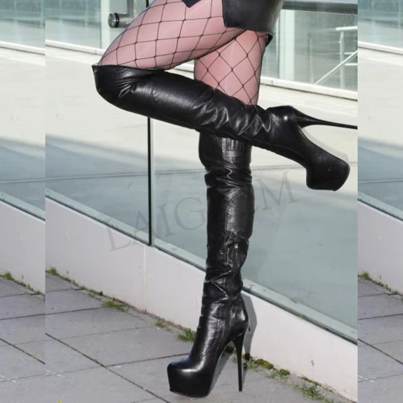 LAIGZEM SUPER Women Long Boots Tall Zipper Stiletto Heels Boots Faux Leather Waterproof Shoes Woman Botines Mujer Big Size 34-52 (4)