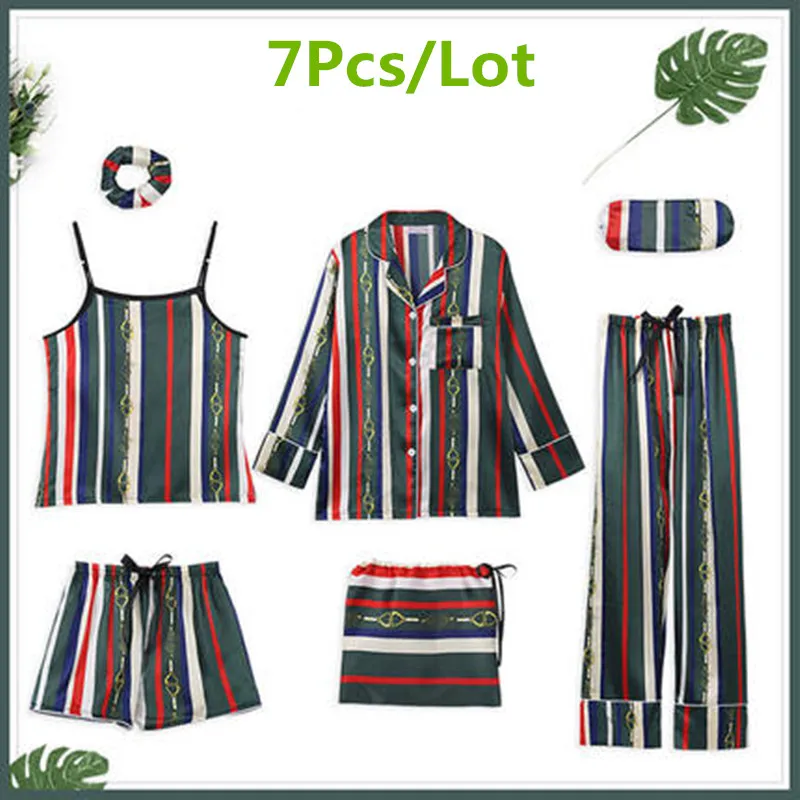 

2019 Sleepwear Para Pajamas Women's Summer Ice Silk Sexy Sling Size Shorts 7Pcs/Lot Suit Short-sleeved Silk Thin Pyjamas