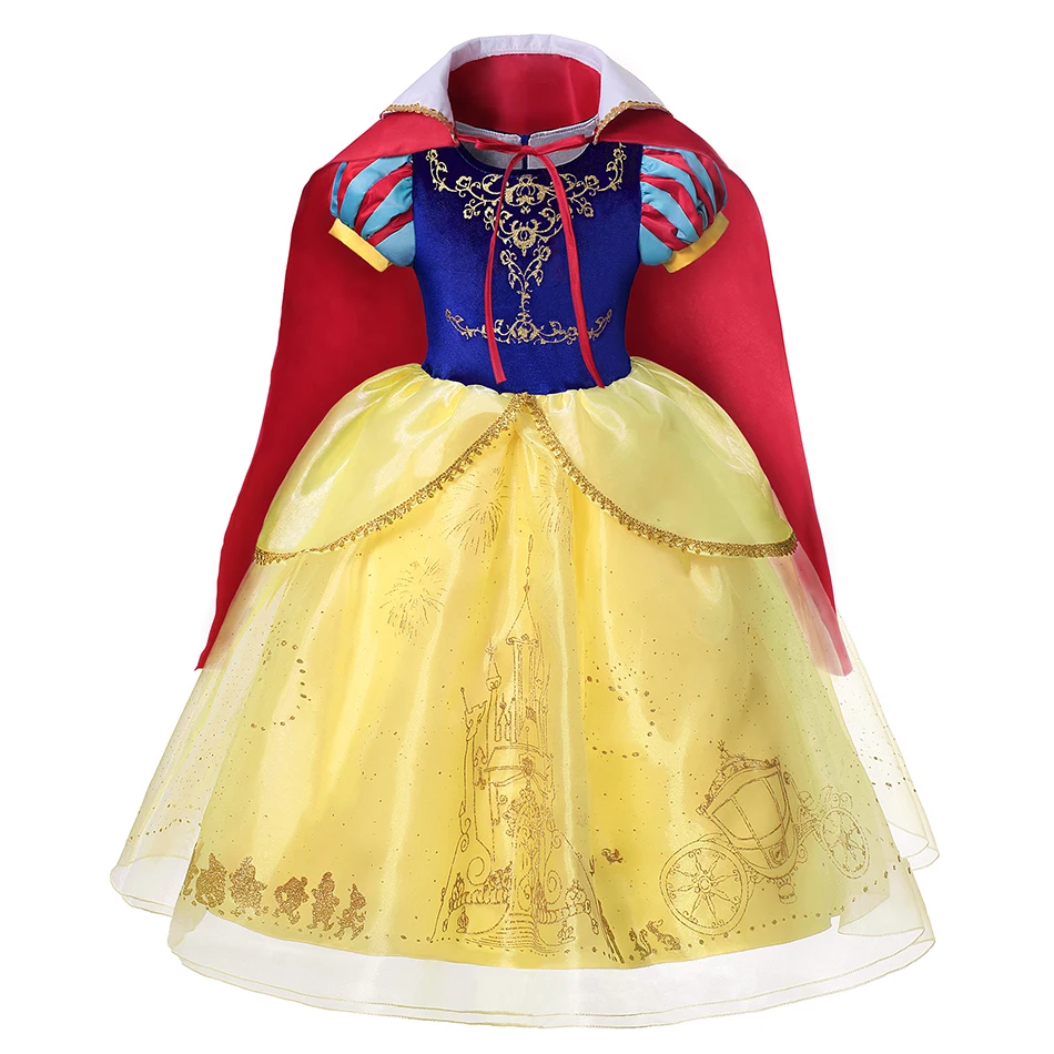 VOGUEON Girls Princess Snow White Costume Puff Sleeve Deluxe Prom Party Gown with Long Cloak Children Halloween Fancy Dress Up