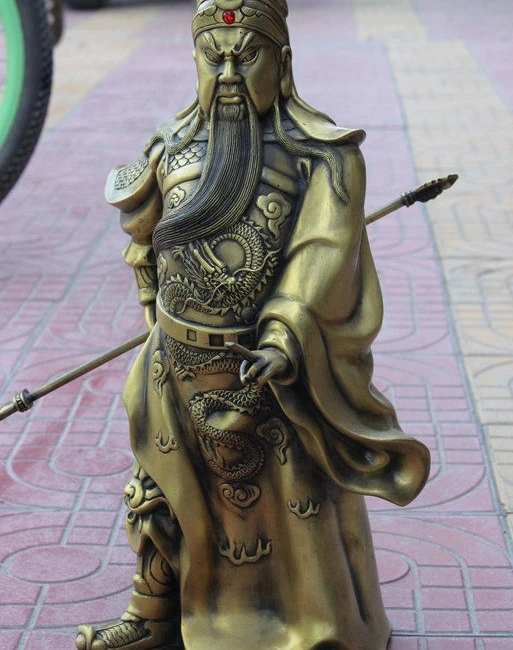 

19" Folk Chinese Bronze Dragon Warrior General GuanGong GuanYu Hold Sword Statue