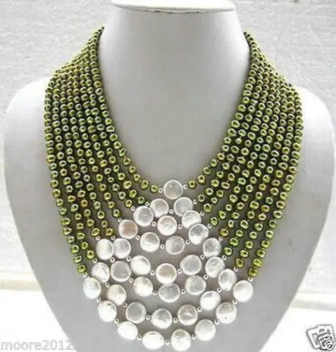 

Free Shipping >> 8 rows green Fresh water pearl & white coins pearl necklace