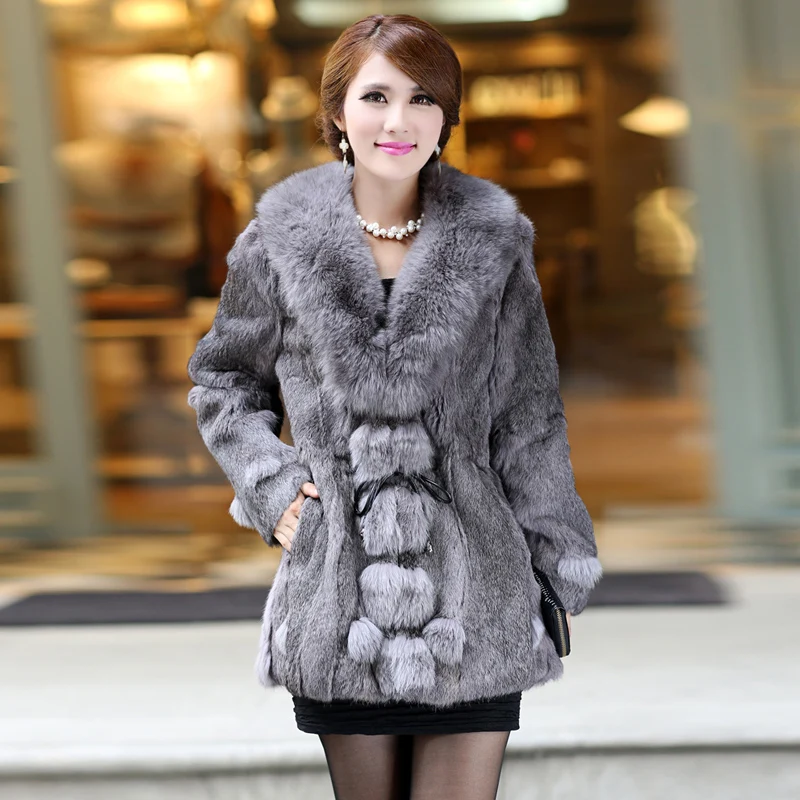 TopFurMall) женское подлинное пальто из натурального кроличьего меха, куртка с воротником из лисьего меха, зимнее женское меховое пальто размера плюс 3XL 4XL 1025 - Цвет: as picture