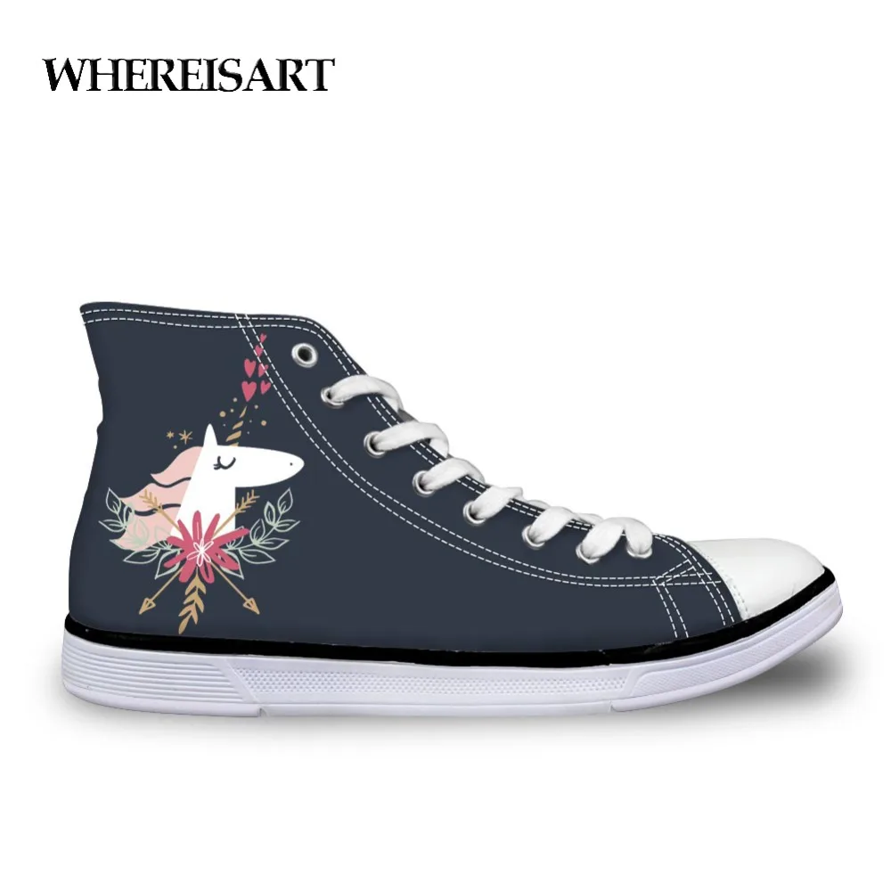 

WHEREISART Simple Design Unicorn Head Pattern Vulcanize Shoes Female Fashion Women's Canvas Shoes Flats High Top Shoes Zapatos