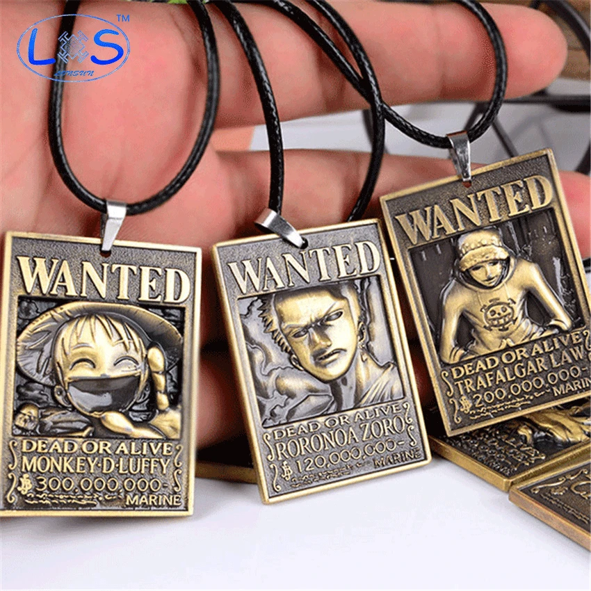 

(LONSUN)One Piece Anime Action Figure Straw Hat Luffy Sanji Zoro Nam Cartoon Doll toy One Piece Necklace metal Pendants Kids Toy