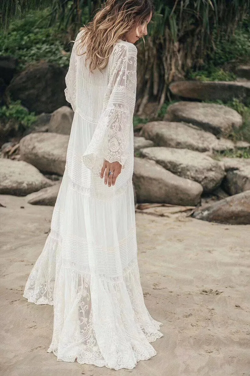 

EXCOSMIC High Quality Patchwork Hollow Out Floral Embroidery Woman's White Dress High Waist Flare Sleeve Elegant LaceBeach Dress