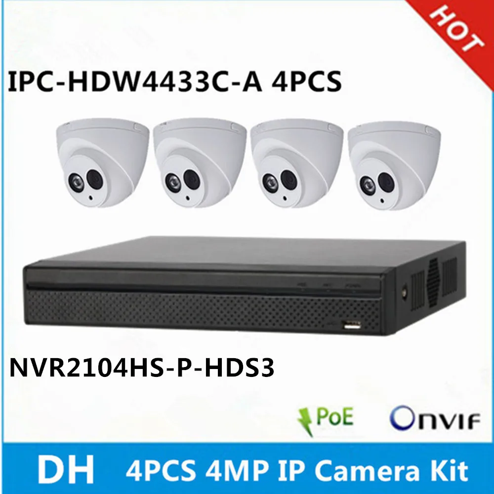 

DH 4 pcs IPC-HDW4433C-A built-in Mic 4MP IP Camera & NVR2104HS-P-HDS3 4ch with 4 poe ports CCTV Camera System support p2p