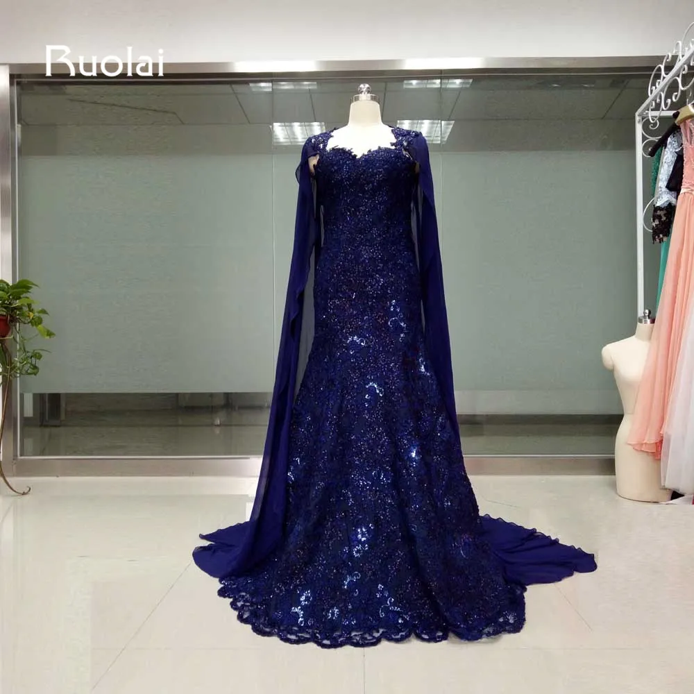 Custom Style Sweetheart Mermaid Crystal Long Evening Dresses 2017 with Cape Shawl Dark Blue Prom Dresses