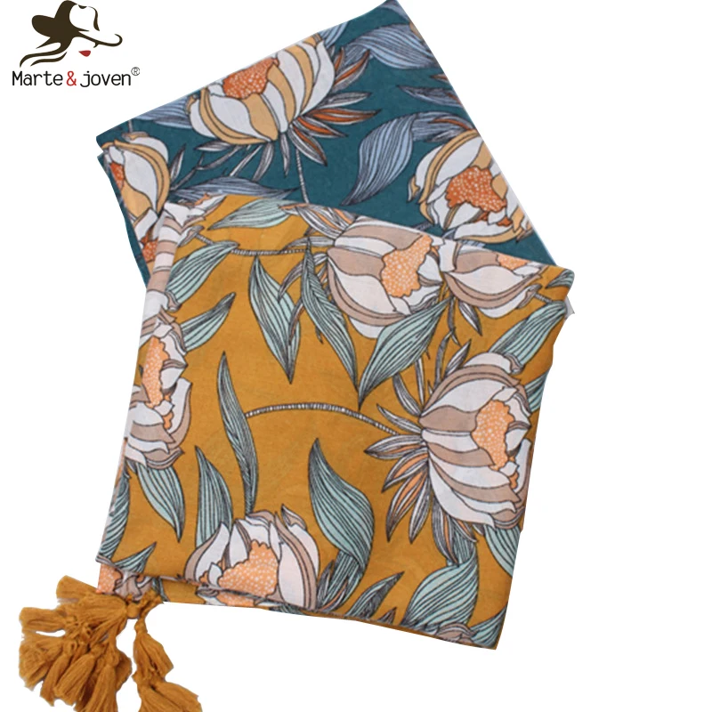 

Marte&Joven Women Cotton Long Tassel Mustard Blue Scarf Flower Print Thin Spring Autumn Wraps Lady's Soft Summer Polyester Shawl