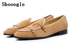 SHOOEGLE Винтаж Стиль Для мужчин повседневная обувь Double Monk Strap коричневые с пряжкой мокасины замшевые Свадебная вечеринка высокое качество