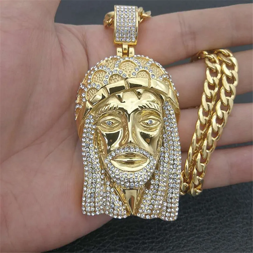 Хип-хоп мужчины Золотой цвет Iced Out Bling Стразы из нержавеющей стали большой кусок ожерелья с изображением Иисуса Христа Подвески с цепочками Vogue ювелирные изделия