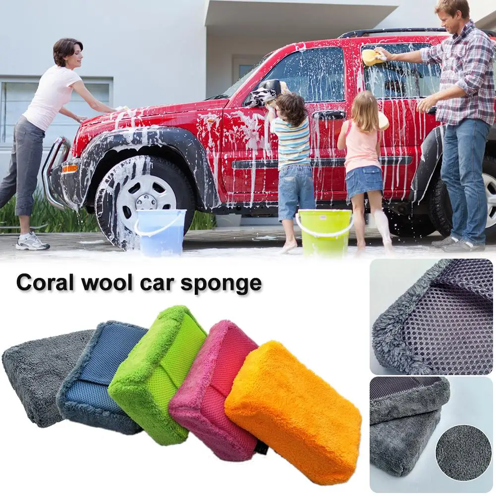 

Auto Car Cleaning Sponge Coral Fleece Car Wash Sponge Super Absorbent Lint Free Stain Removal Sponge With Pocket Mesh Holes