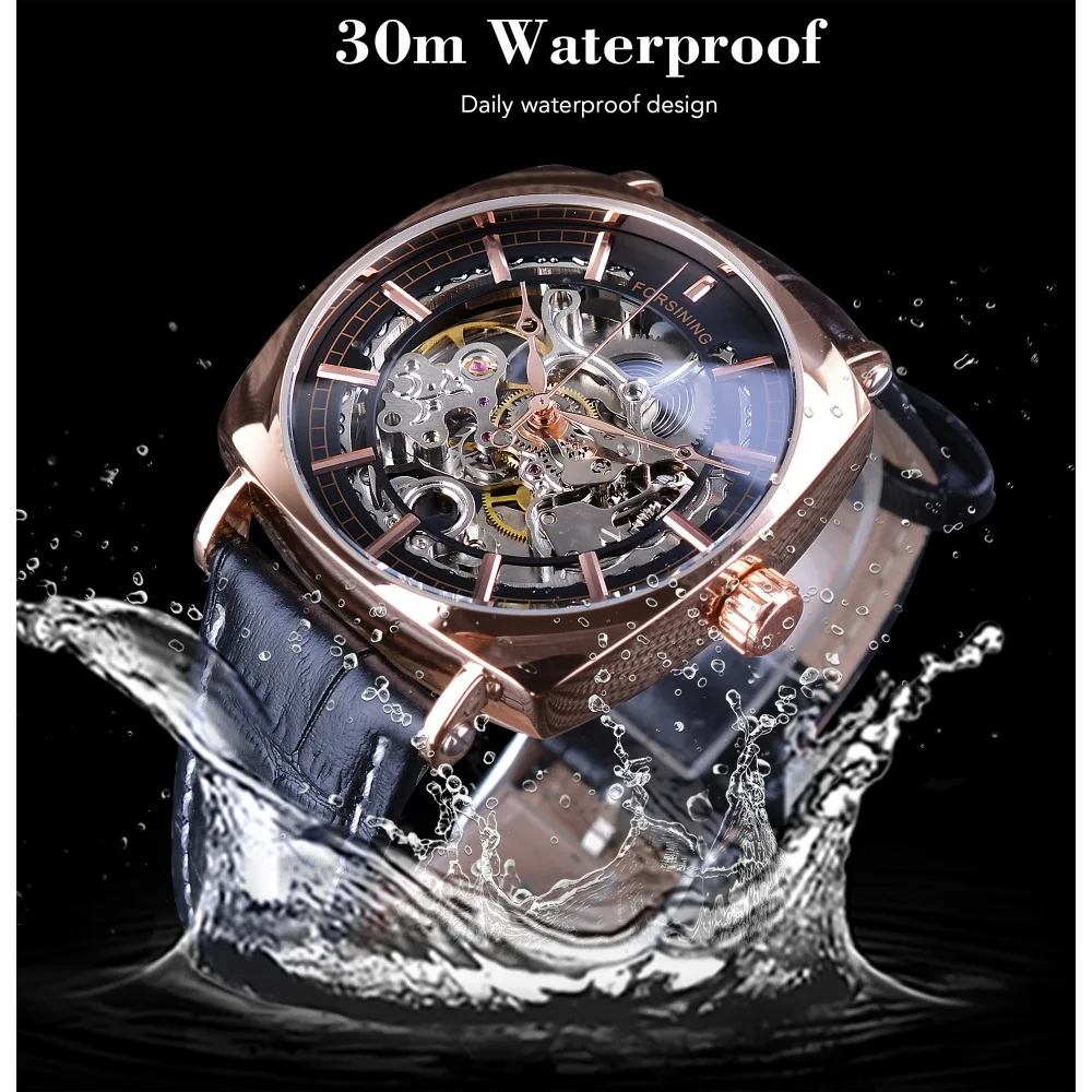 Forsining Black Genuine Leather Fashion Royal Luxury Gold Clock Transparent Skeleton Men Automatic Mechanical Watches Top Brand