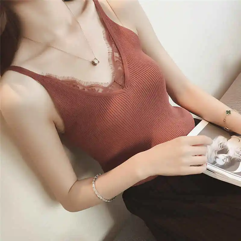 Girl Plain Camisole Lace Splicing Double V-neck Vest Slim Sling Tank Tops