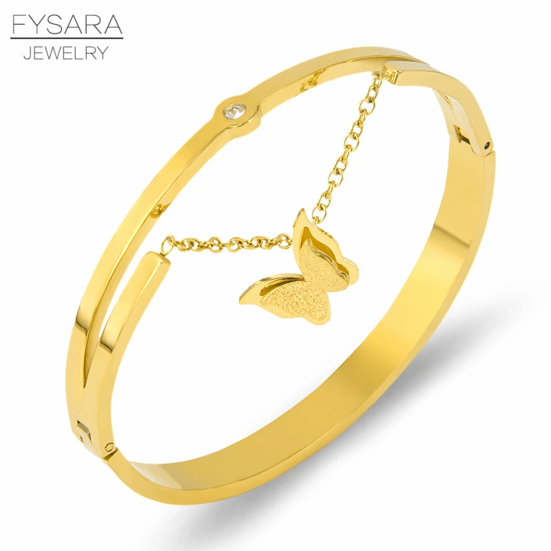 

FYSARA Charm Chain Frosted Butterfly Bangle For Women Classic Stainless Steel Gold Bracelet Wedding Engagement Christmas Jewelry