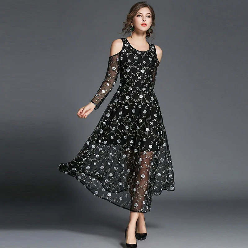ShejoinSheenjoy O-Neck Mesh Patchwork A-Line Dresses Women Flower Embroidery Long Dress Black Off Shoulder Sexy Party Dresses (21)