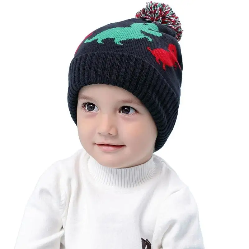 

Winter Warm Kids Beanie Cap Dinosaur Print Boy Girl Knitted Hat Cartoon Toddler Pompom Caps Autumn Infant Knitted Hats Windproof