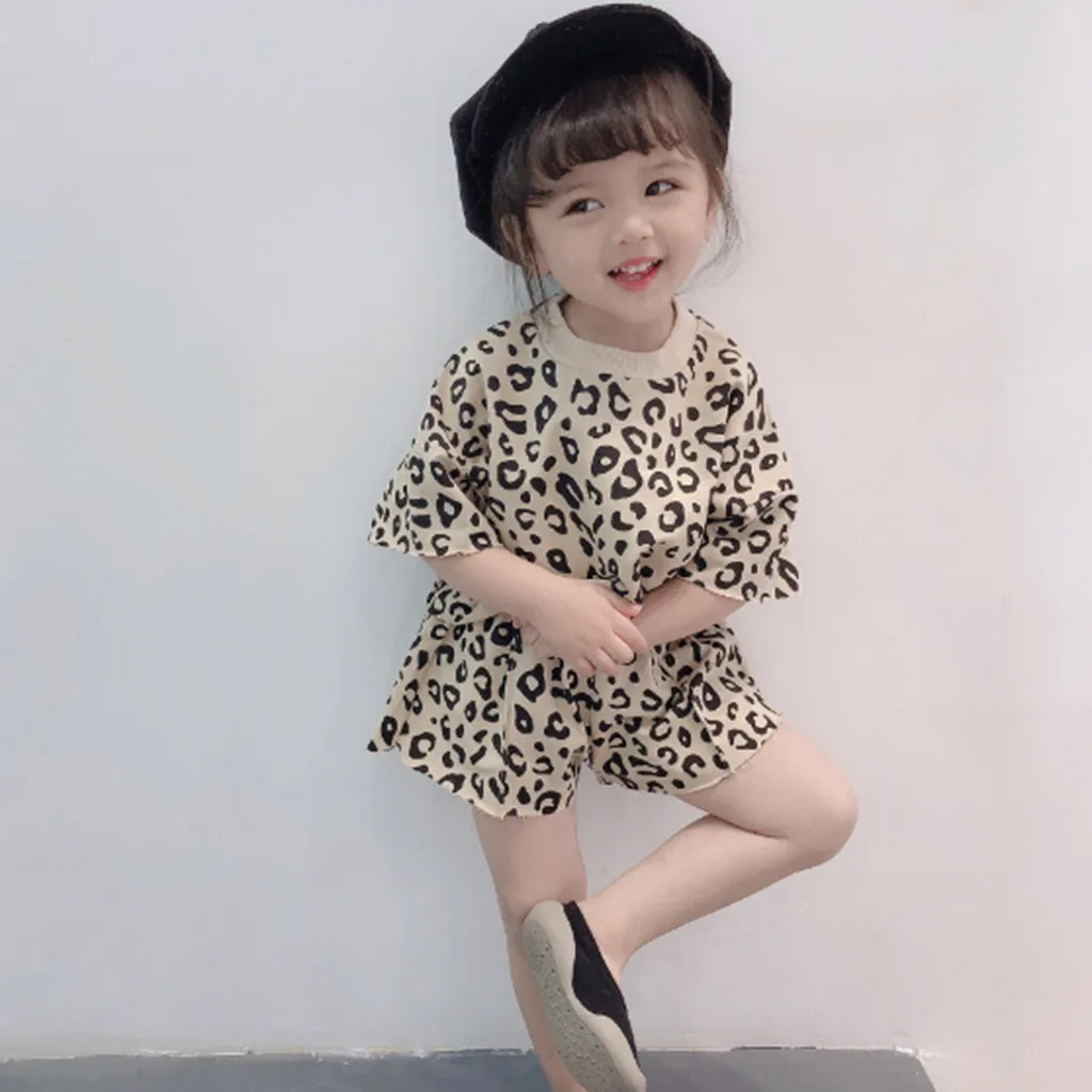 

2019 Cute Leopard T Shirt+Shorts 2 Piece Set For Girls Children's Clothing Sets Toddler Baby Girl Outfits Kids Summer Clothes