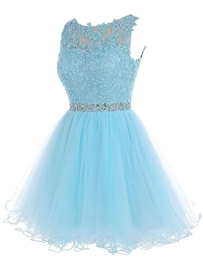 

Vestidos De Novia 2020 Sky Blue Scoop Neck Appliques Beading Short Party Dress Prom Gowns robe de soriee Sweet Club Customed