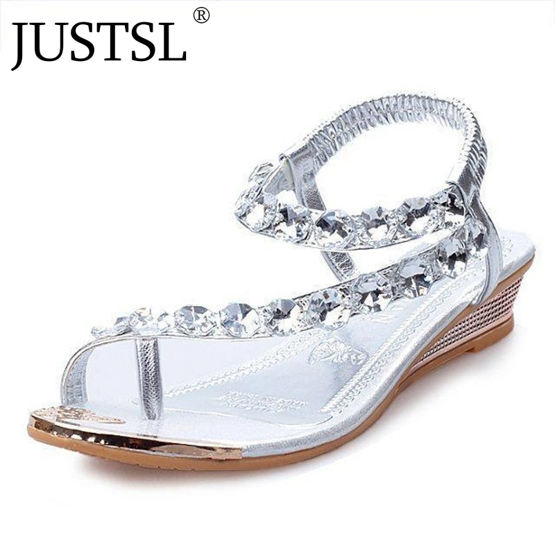 

JUSTSL 2018 summers new women's Flat bottom sandals ladies female shiny shoes women 35-41