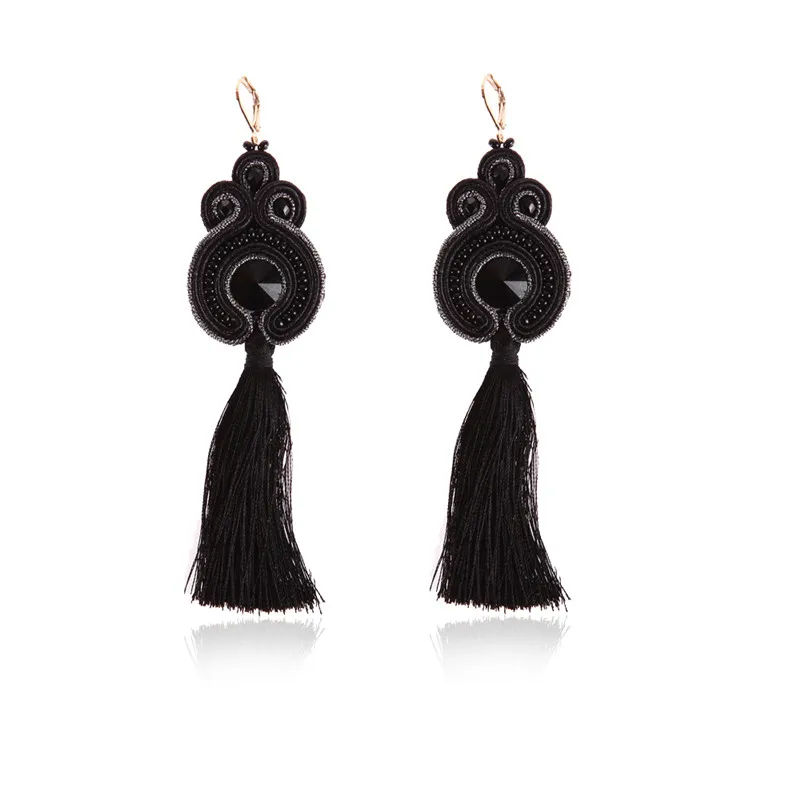 KPacTa, новая мода, сутажные длинные Этнические серьги-кисточки, стильные ювелирные изделия для женщин, популярные аксессуары, серьги-капли ручной работы Oorbellen - Окраска металла: black