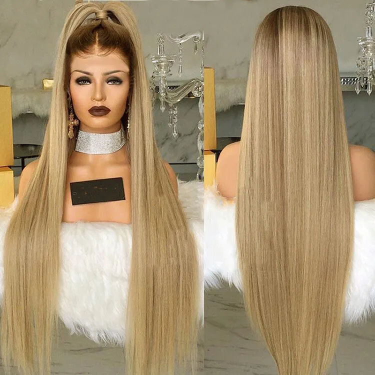 

Women Long Ombre Blonde Gold Hair Brown Black Straight Synthetic Wigs + Wig Cap