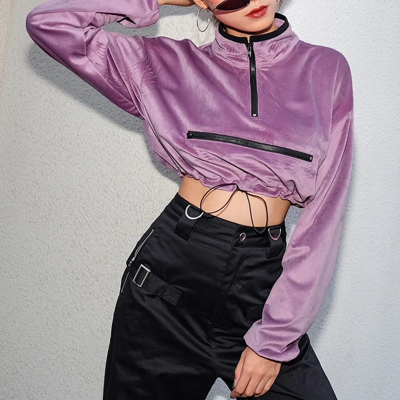 

Velvet Turtleneck Cropped Sweatshirt Women Autumn Zipper Long Sleeve Pullovers Hoodies Women Streetwear Hoodie Crop Tops Women