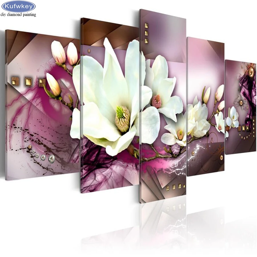 

5 Pcs/set Magnolia Flower diamond painting cross stitch,5d Diy Full square Mosaic diamond embroidery Rhinestones Decoration