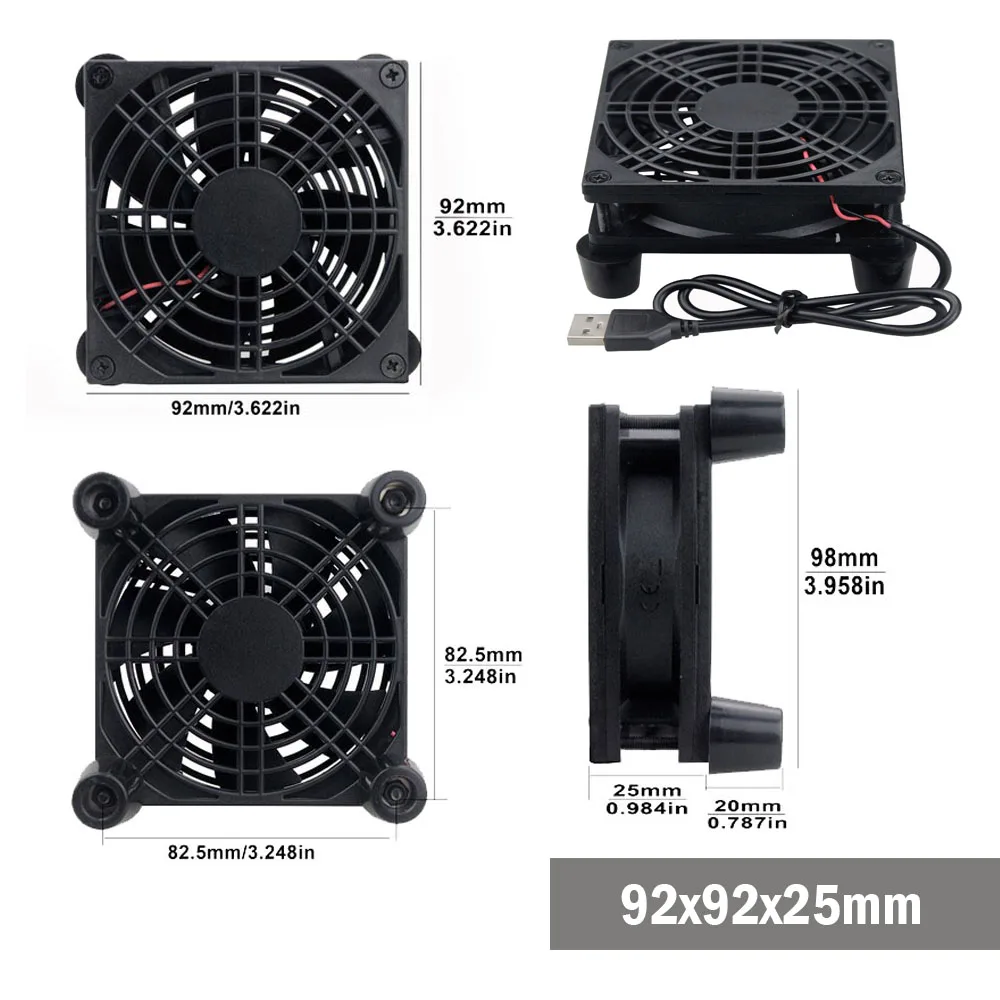 5pcs Gdstime Router fan PC Cooler TV Box Wireless Cooling Silent DC 5V USB power 92mm fan 92x25mm 9CM W//Screws Protective net
