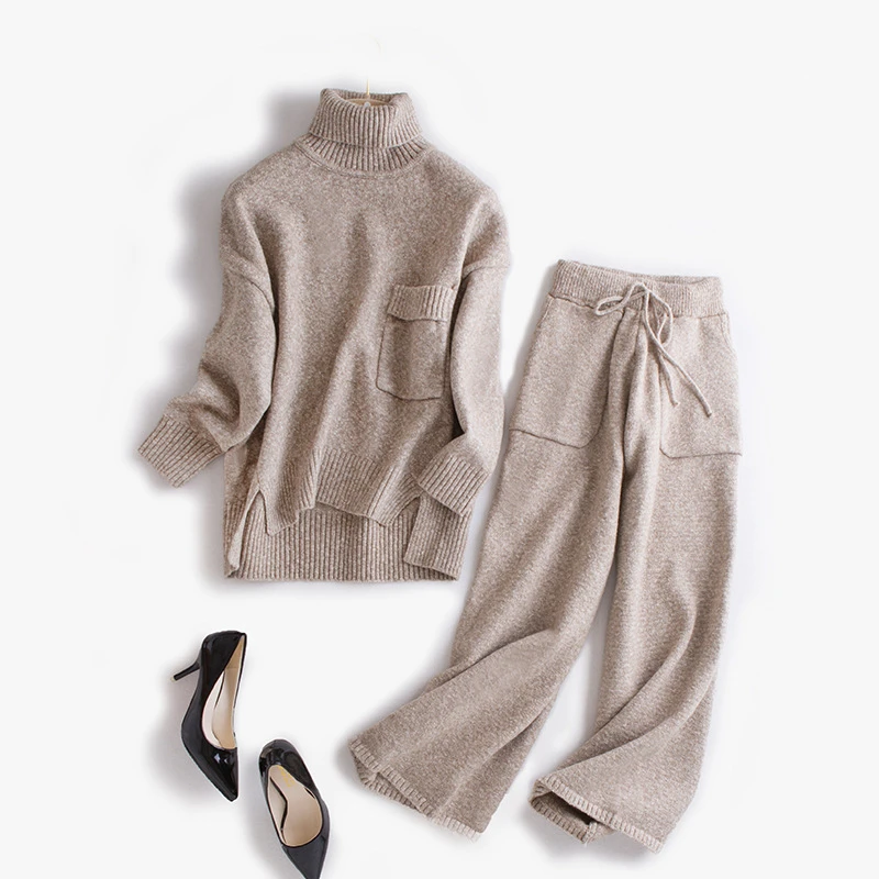 new fahion cashmere wool blends knit women turtleneck sweater suits pullover wide leg pant 2pcs/set one&over size
