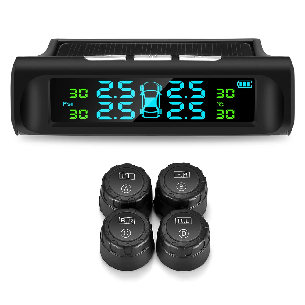 

Car TPMS Tyre Pressure Sensor Monitoring System Solar TPMS LCD screen Tire Pressure Alarm with 4 External Sensors