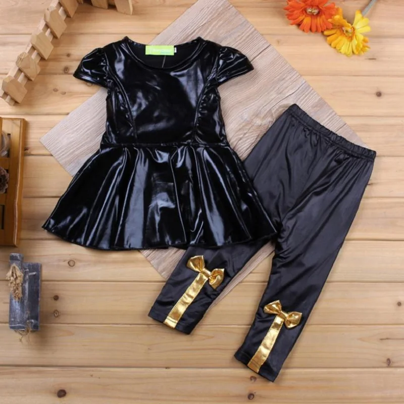 Комплекты одежды для малышей; летнее модное платье для маленьких девочек; Детские топы с короткими рукавами+ леггинсы с бантом; одежда для малышей - Цвет: Gold