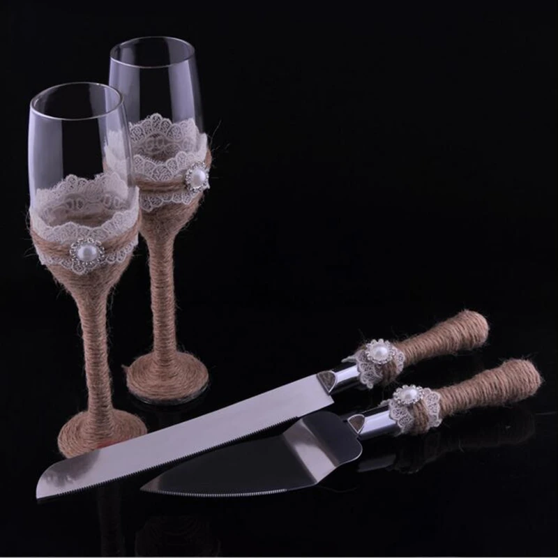 

New Arrived 4pcs/set Wedding jute Knife and Server Set + Wedding Toasting Flutes Champagne Glasses