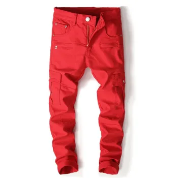 

male denim trousers plus size Men's red patchwork pockets cargo jeans Slim fit stretch Hip hop Denim elastic pants