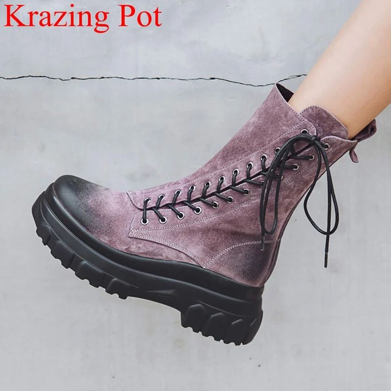 

Krazing Pot superstar big size zipper genuine leather motorcycle boots round toe platform retro runway women ankle boots L5f3