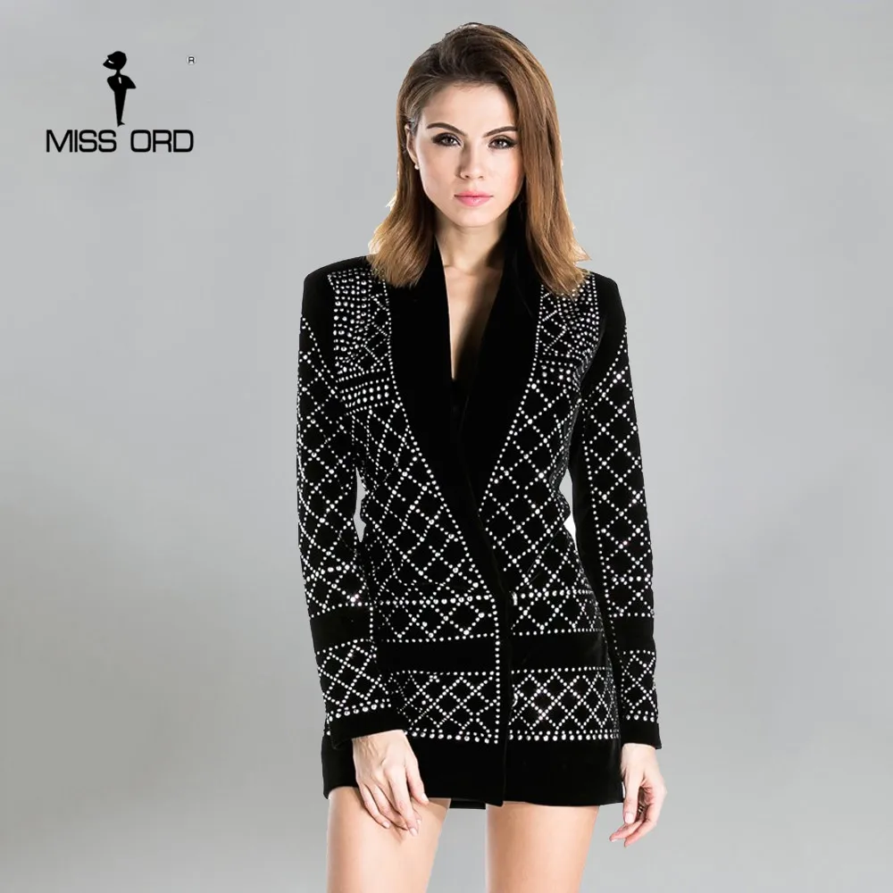 

Missord 2017 Sexy V-neck long-sleeved geometric studded velvet blazer dress FT3612 Rhinestone