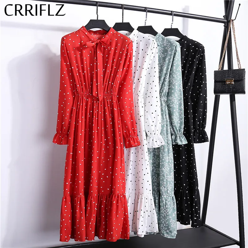 

Chiffon High Elastic Waist Party Dress Bow A-line Women Full Sleeve Flower Print Floral Bohemian Dress Female Vestido Plus Size