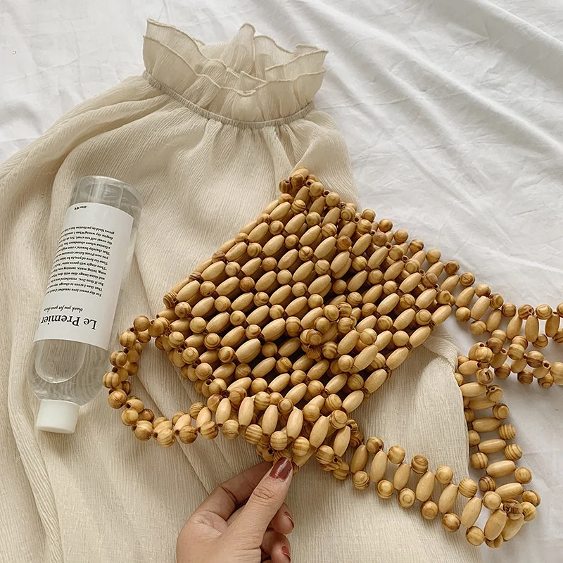 

Women'S Bag Women'S Bag Antique New Ins Same Hand-Woven Girl From Natural Wooden Beads Handbag Vintage Bamboo Bag Beach Bag