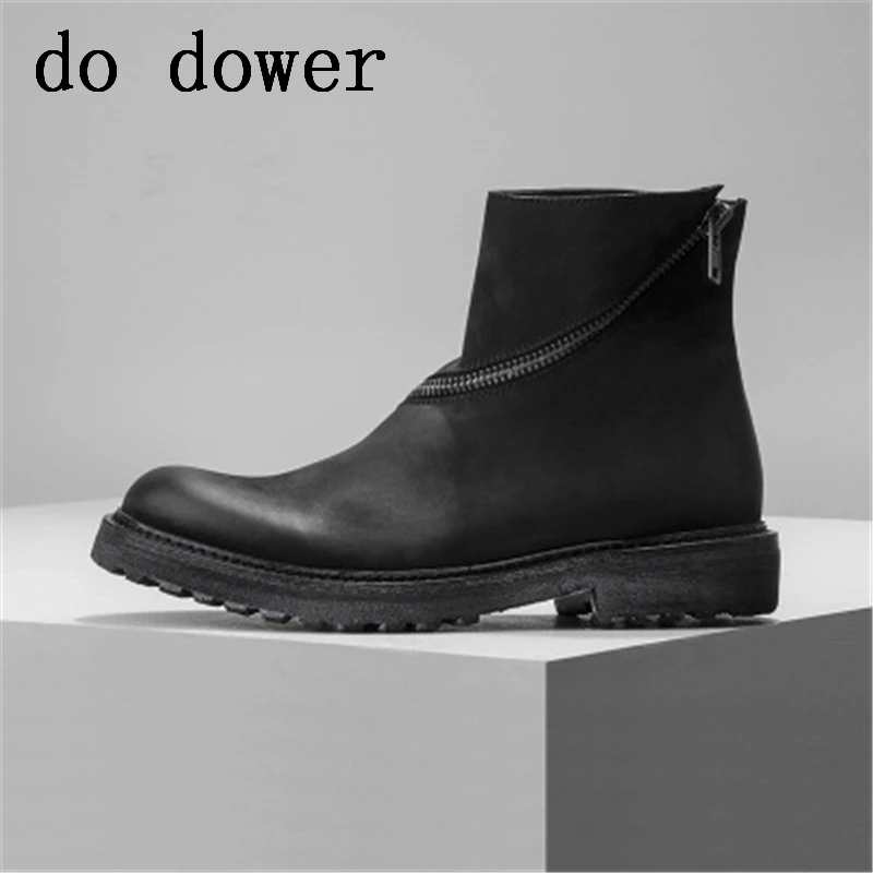 

Male Adult Fashion Ankle Boots Solid Fashion Casual Flats Spring Luxury Trainers Zip Rivet Sneaker Men Genuine Leather Shoes