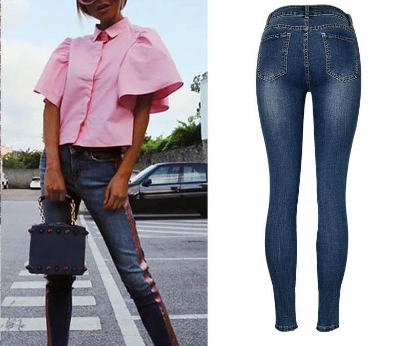 2018 Европейский Для женщин джинсы сторона полосы розовый промывают тонкий эластичный Средний Талия полной длины карандаш брюки новые